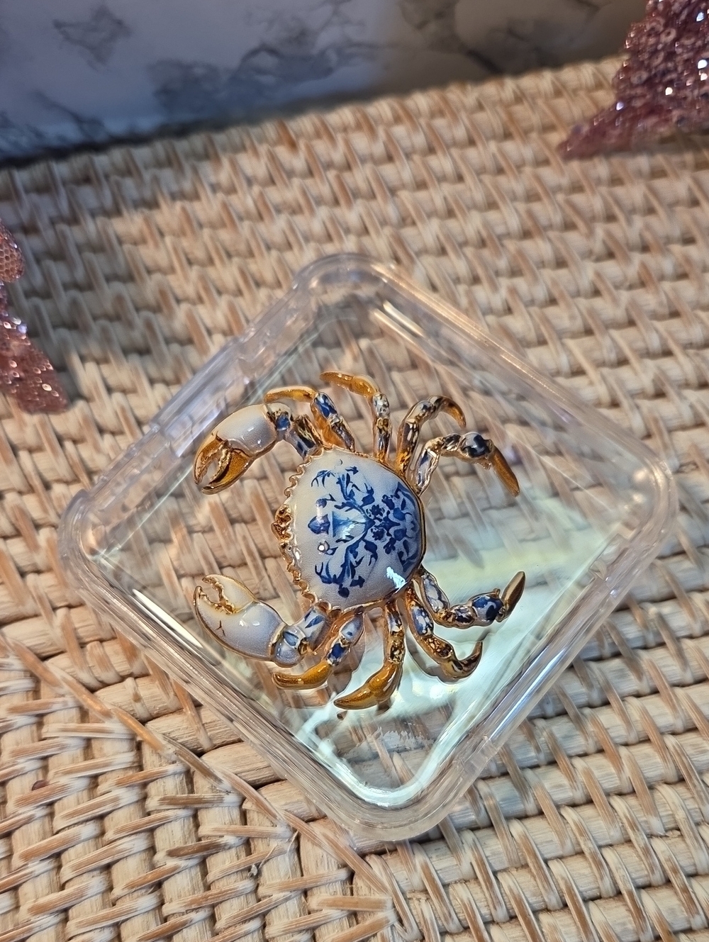 Gold and Blue Porcelain Crab Accent Pin